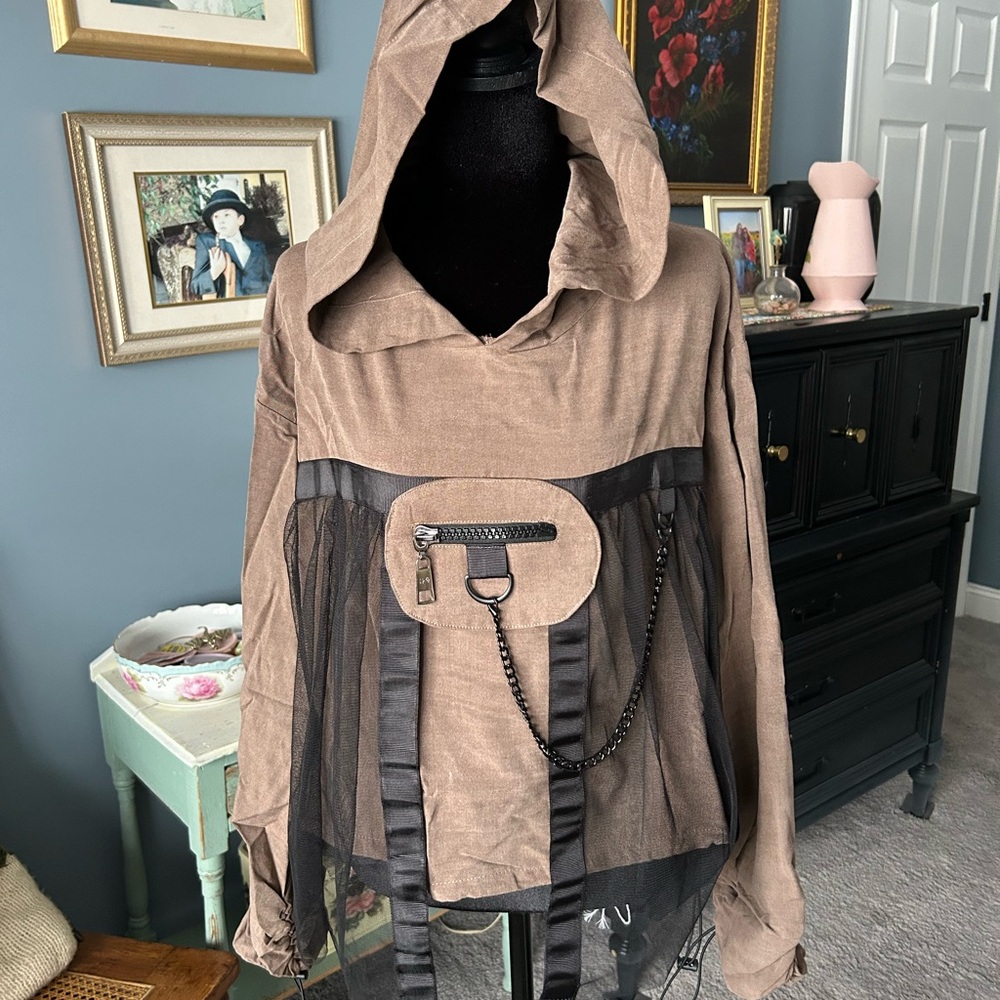 Black Women's Brown Hooded Tunic with Chain Detail